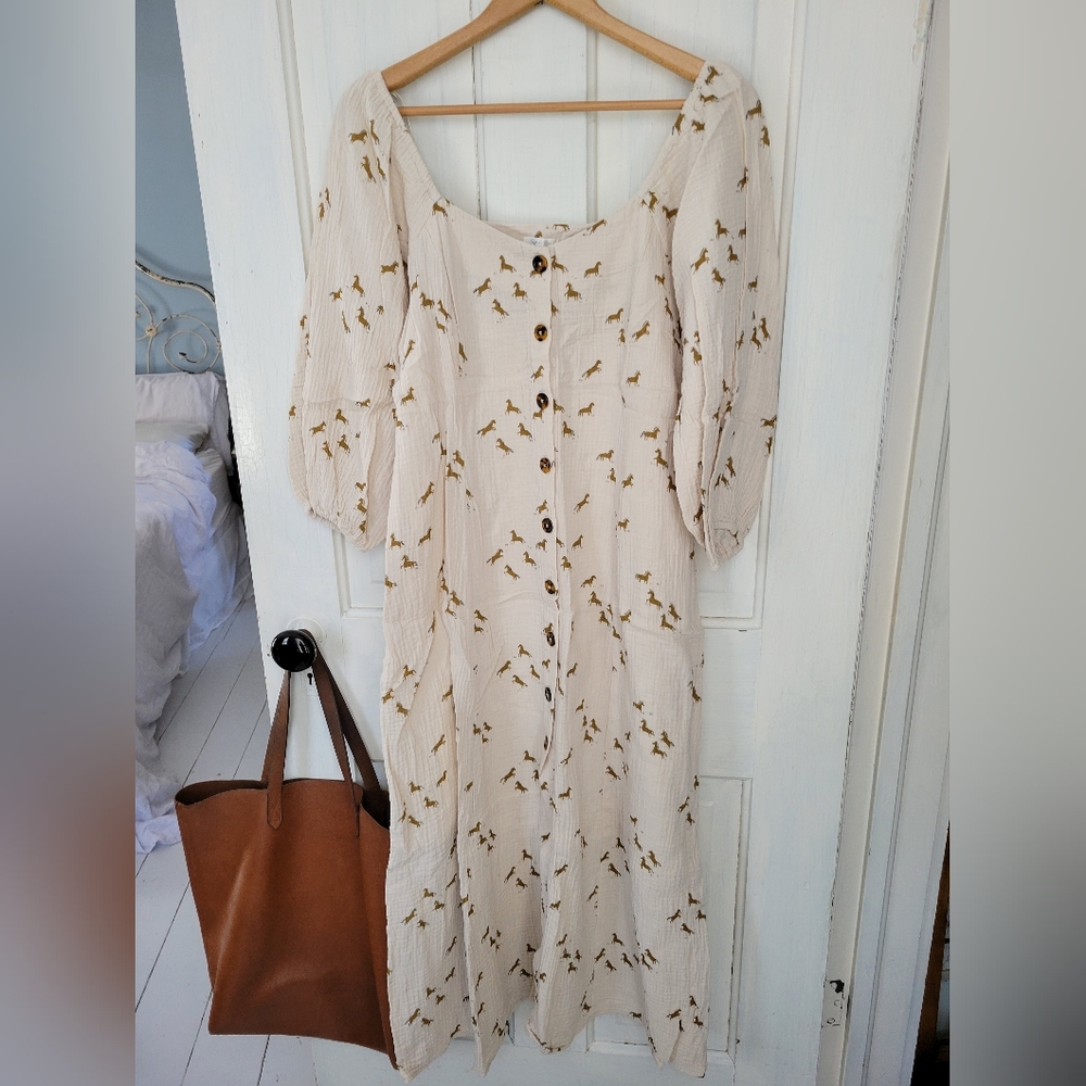 Rylee + Cru Midi Dress with Square Neckline and Puff Sleeves, Size Medium
